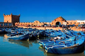Blue fishing boats in Essaouira harbor